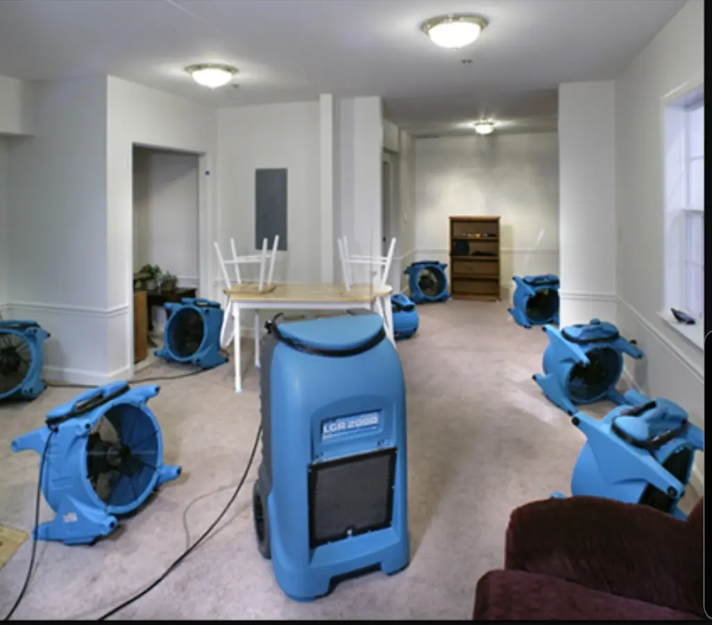 Air movers and dehumidifier setup for Water Extraction & Removal in Kent